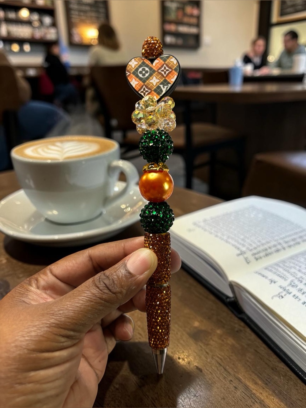 Handcrafted Beaded Decorative Pen with Heart Accent - Orange & Green